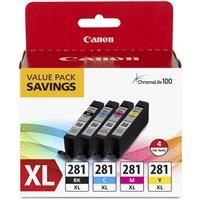 Canon (CLI-281XL) PIXMA TS8120, TS6120, TR7520, TR8520, TS9120 4 Pack (Includes 1 Each of OEM# 2037C
